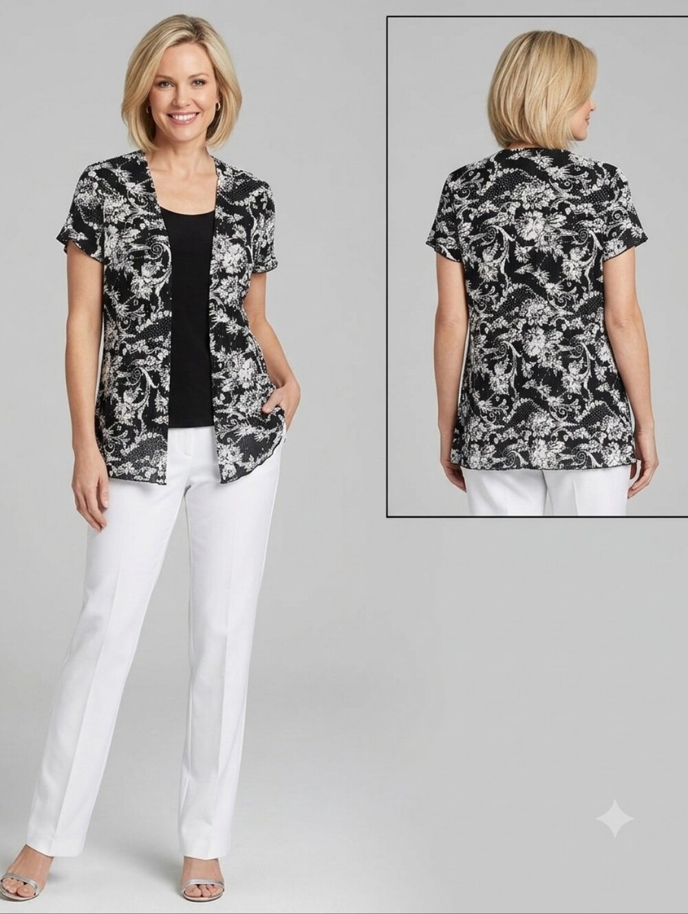 Brittany Black Short Sleeve Black & White Floral Open-Front & Tank Top Size L